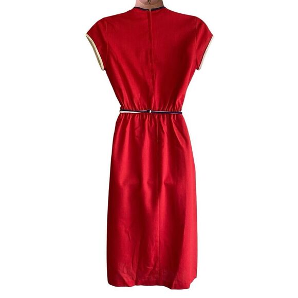 Vtg 1970s Dress Women's Small Red Linen Faux Wrap Button Skirt Belted Office - Picture 4 of 5